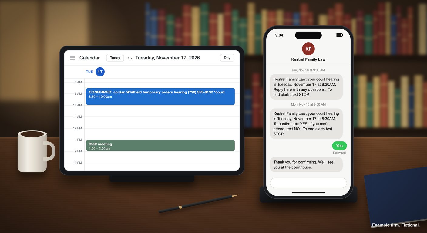 Court date reminder texts, a week out and the day before