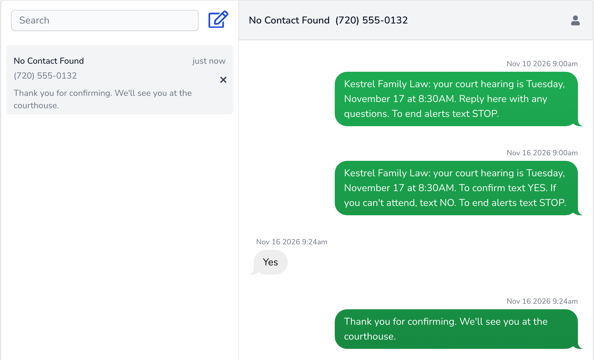Clientping inbox thread for (720) 555-0132 at Kestrel Family Law: the week-out heads-up for the Tuesday, November 17 hearing sent at 9:00 a.m. on November 10, the day-before reminder asking for YES sent at 9:00 a.m. on November 16, Jordan's reply 