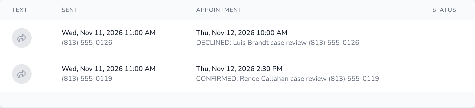 The Calendar events list on the Clientping dashboard: both reminders sent Wed, Nov 11, 2026 11:00 AM, with the appointments now titled DECLINED: Luis Brandt case review (813) 555-0126 at 10:00 AM and CONFIRMED: Renee Callahan case review (813) 555-0119 at 2:30 PM on Thu, Nov 12, 2026
