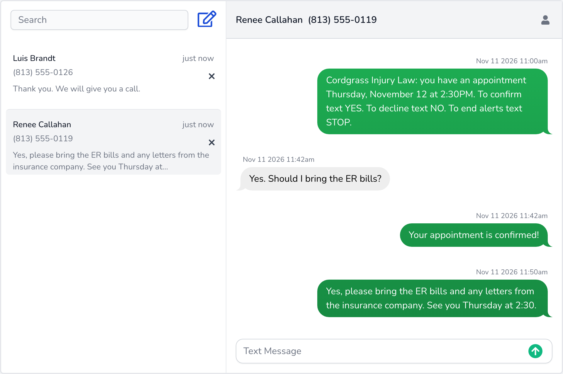 The Messages screen at Cordgrass Injury Law with Luis Brandt's and Renee Callahan's threads listed on the left and Renee's open on the right: the reminder at 11:00am, her reply about the ER bills and the automatic confirmation at 11:42am, and the paralegal's answer at 11:50am on Nov 11 2026